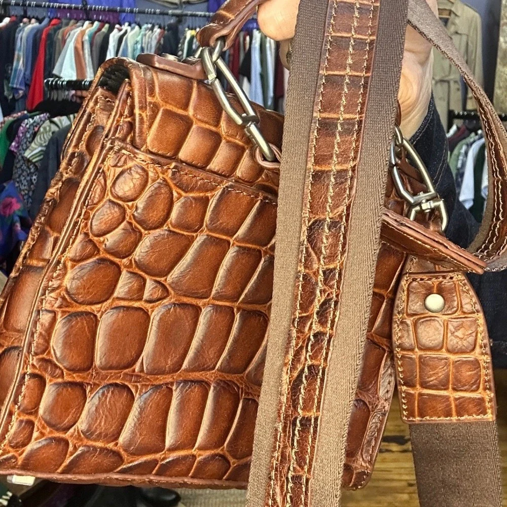 Liebeskind Berlin Brown Croc Embossed Leather Top Handle Crossbody Satchel Bag